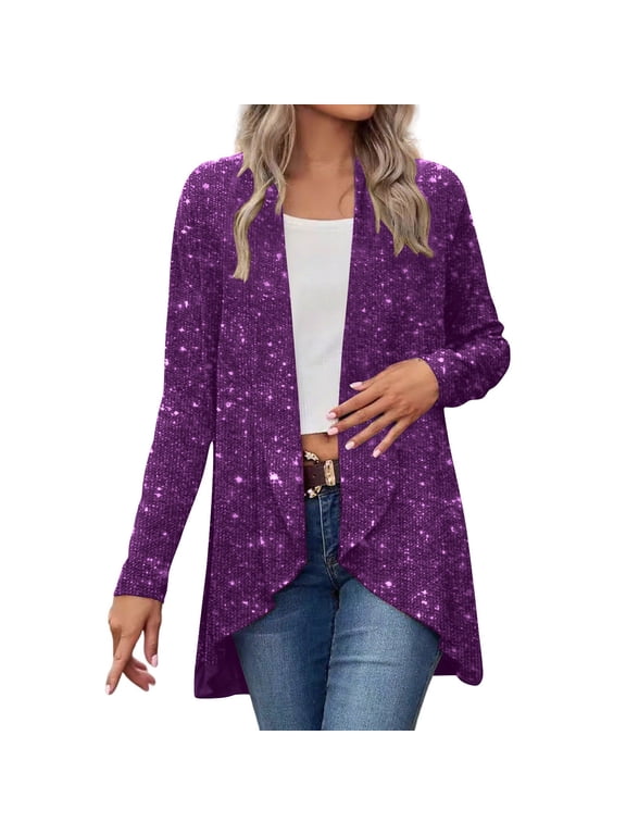 Women's Sequin Open Front Blazer, Long Sleeve Sparkly Loose Draped Party Cardigan,Purple,Small