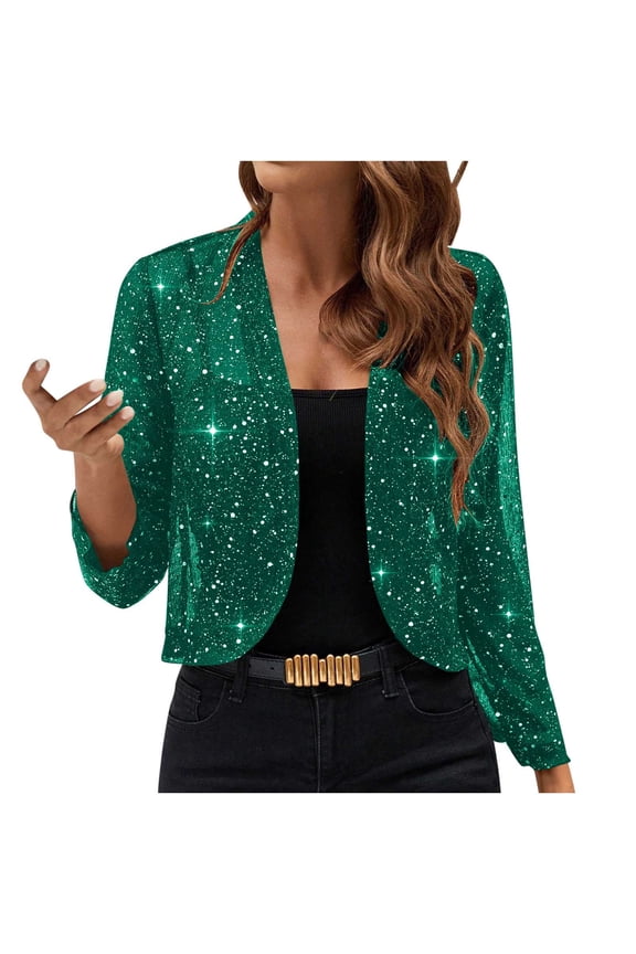 Women’s Sequin Open Front Cardigan Long Sleeve Sparkly Cropped Jacket Glitter Party Evening Coat Lightweight Dressy Shiny Outerwear,Green,XL
