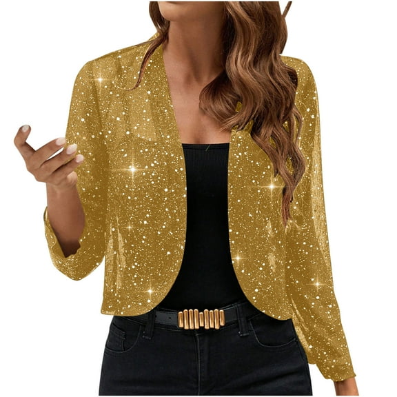 Women’s Sequin Open Front Cardigan Long Sleeve Sparkly Cropped Jacket Glitter Party Evening Coat Lightweight Dressy Shiny Outerwear,Yellow,S