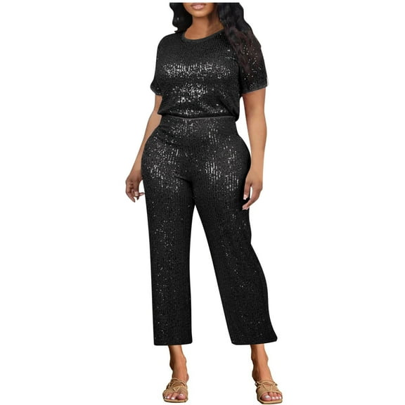 Women's Sequin Pant Set, Solid Color T-Shirt & Straight Leg Pants Sparkly Suits, Party Clubwear Trendy Outfits Sweat Suits for Ladys 2 Piece Cotton Black 3XL