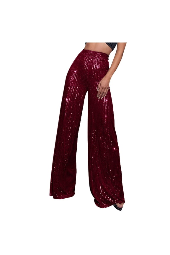 Women's Sequin Pants, High Waisted Wide Leg Flared Sparkly Trousers with Elastic Waist & Side Zipper, Shiny Nightclub Wear