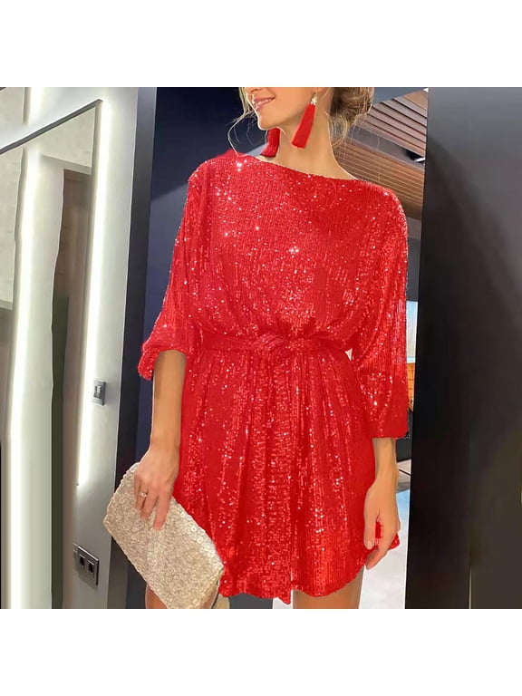 Women's Sequin Party Dress Round Neck 3/4 Sleeve Drawstring Waist Mini Dress Shimmering Cocktail Gown Loose Fit Dress Red L