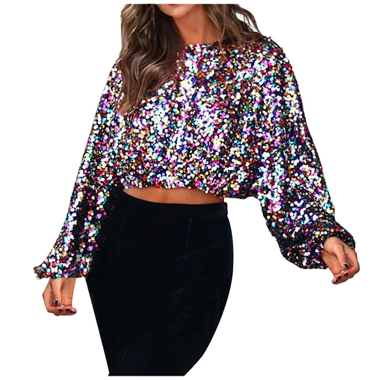 Women s Cropped Sparkly Sequin Crew Neck Long Sleeve Shirt