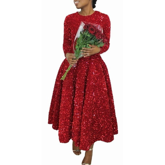 Women's Sequin Plus Size Midi Dress Pleated A Line Cocktail Party Dresses