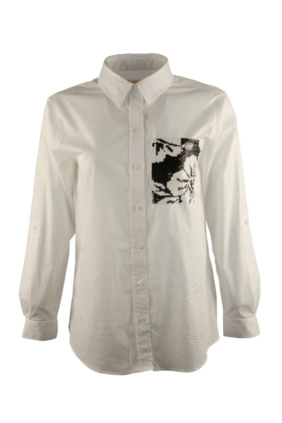 Women's Sequin Pocket Button Down Long Sleeve Top