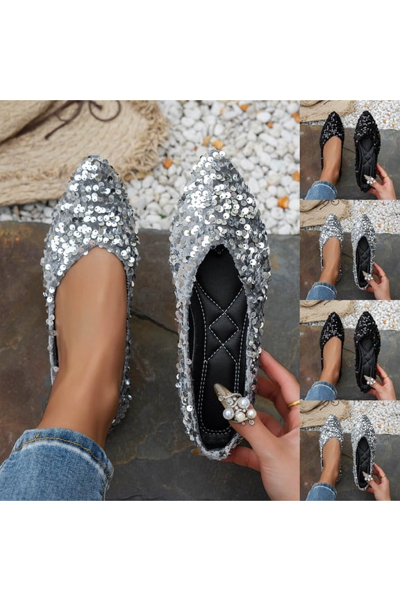 Women's Sequin Pointed Toe Flats, Sparkly Slip-On Shoes with Soft Sole, Comfortable Wide Width Casual Dress Shoes for Daily Party, Silver/Black