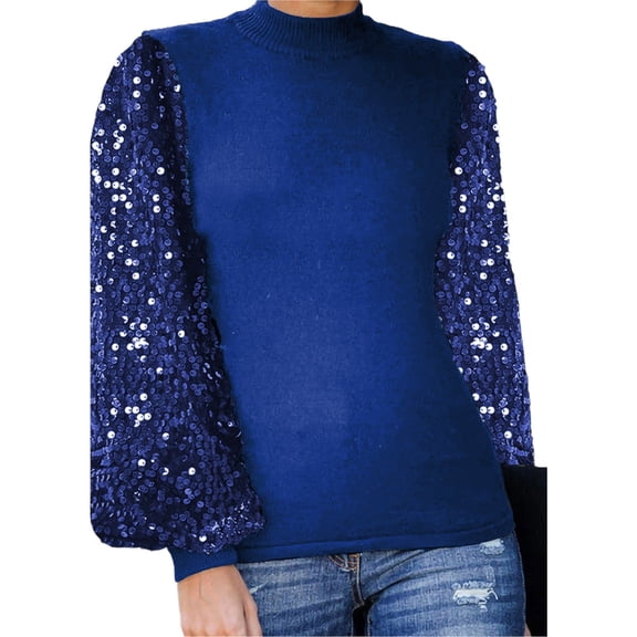 Women's Sequin Puffed Long Sleeve Mock Neck Pullover- Medium, Navy