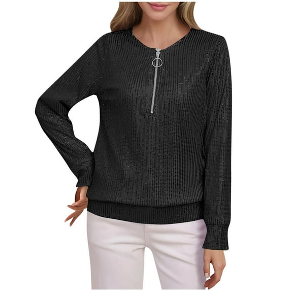 Women's Sequin Quarter Zip Shirts Glitter Solid Color Long Sleeve Oversized Blouses Pullover Crew Neck Tops (S, Black)