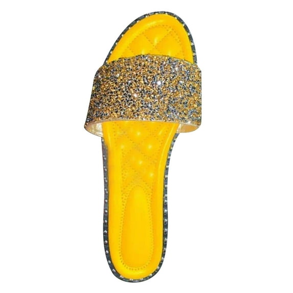 Women's Sequin Rhinestone Fashion Flat Flip Flop, +Memory Foam Wide Widths Available Slide Sandal Beach Slipper, Women Diamante Slider Sandals Ladies Flat Slip On Rhinestone Mules Size Flat Slipper