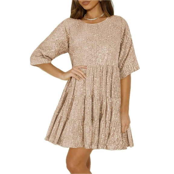 Women's Sequin Round Neck Half Sleeve Mini Dress with fabric ninety five percent % polyester and five percent % spandex