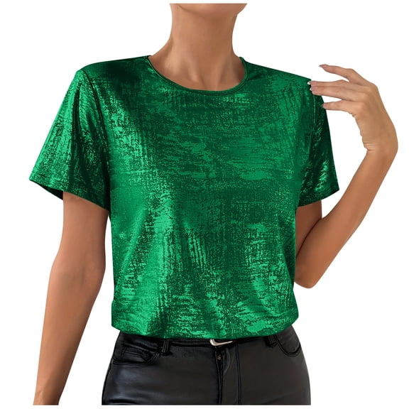 Women's Sequin Shirts Short Sleeve Sparkly Casual Fashion Summer Shirt Crewneck Glitter Lightweight Loose Party Blouse Top