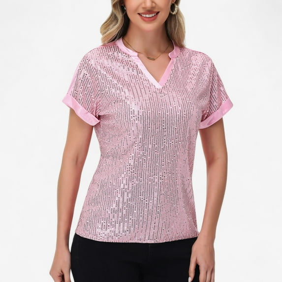 Women's Sequin Short Sleeve Top with Satin Trim V-Neckline and Rolled Cuffs - Medium, Pink