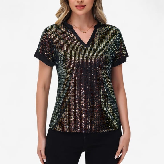 Women's Sequin Short Sleeve Top with Satin Trim V-Neckline and Rolled Cuffs - Small, Multicolored