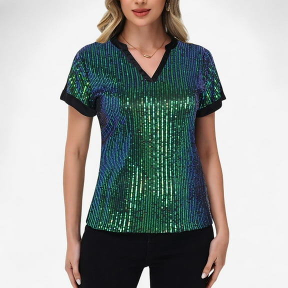 Women's Sequin Short Sleeve Top with Satin Trim V-Neckline and Rolled Cuffs - XX Large, Mermaid