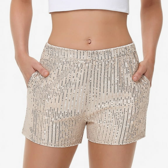 Women's Sequin Shorts Elastic Waist Sparkly Party Bottoms with Pockets - Large, Beige