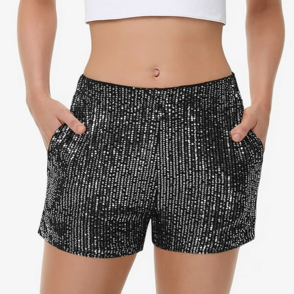 Women's Sequin Shorts Elastic Waist Sparkly Party Bottoms with Pockets - Medium, Black and Silver