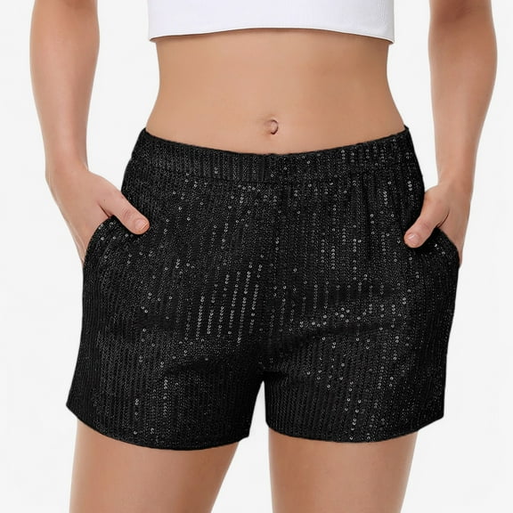 Women's Sequin Shorts Elastic Waist Sparkly Party Bottoms with Pockets - Medium, Black