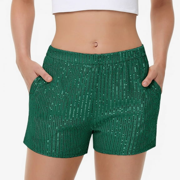 Women's Sequin Shorts Elastic Waist Sparkly Party Bottoms with Pockets - X Large, Green