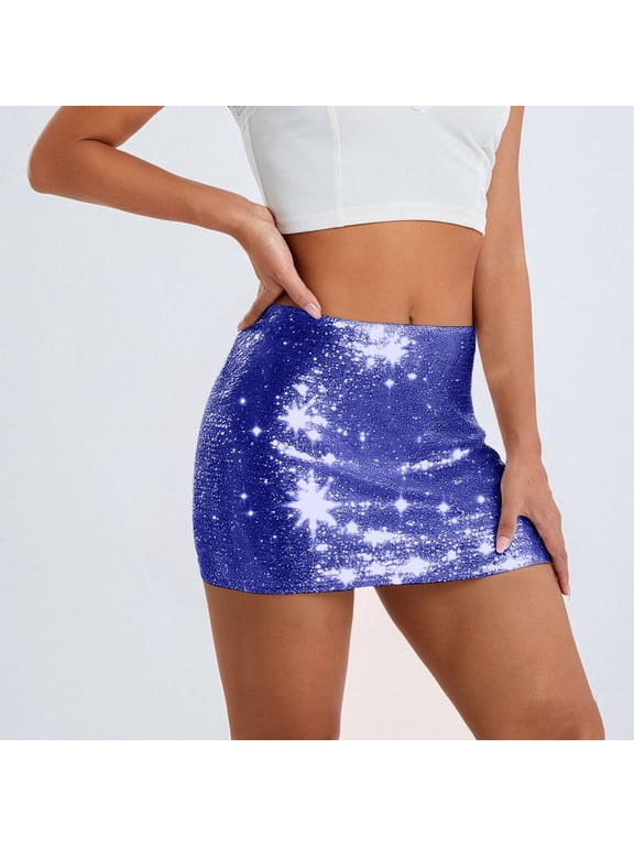 Women's Sequin Skirt Sparkle Stretchy Bodycon Mini Skirts (Blue L)