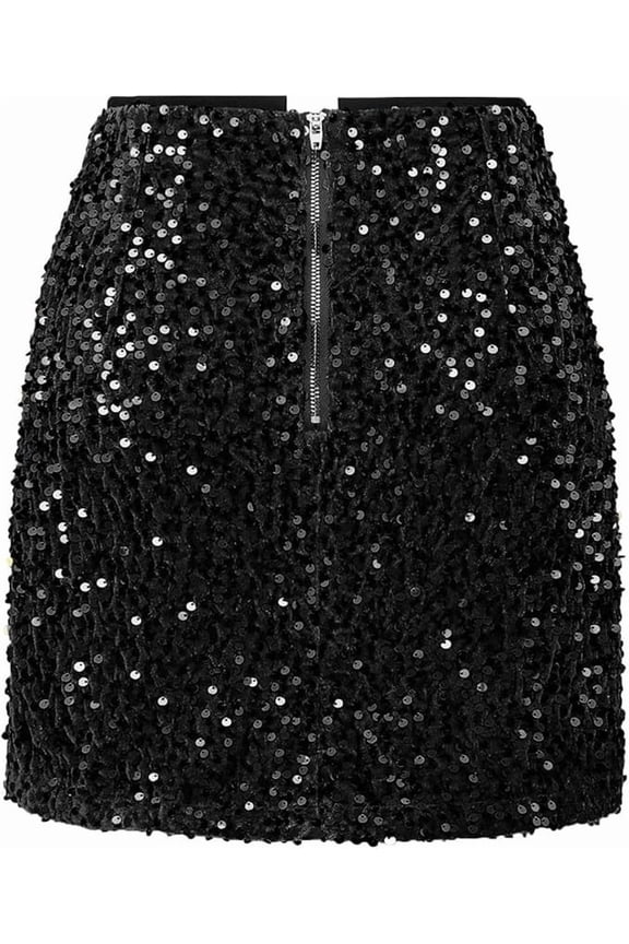 Women's Sequin Skirt Sparkle Stretchy Bodycon Mini Skirts Night Out Party Black L