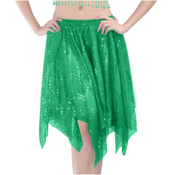 Women's Sequin Skirts Handkerchief Hem Elastic Waist Glitter Sparkly Skirt for Night out Club Concerts Party Green, Free Size