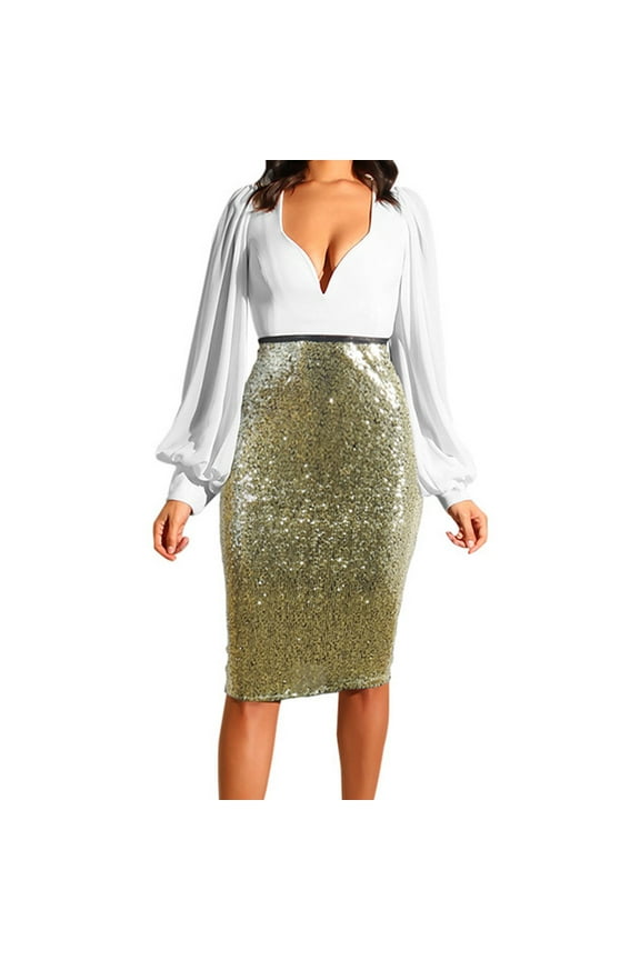 Women's Sequin Skirts High Waisted Stretchy Bodycon Sparkle Glitter Pencil Skirt for Evening Party Cocktail