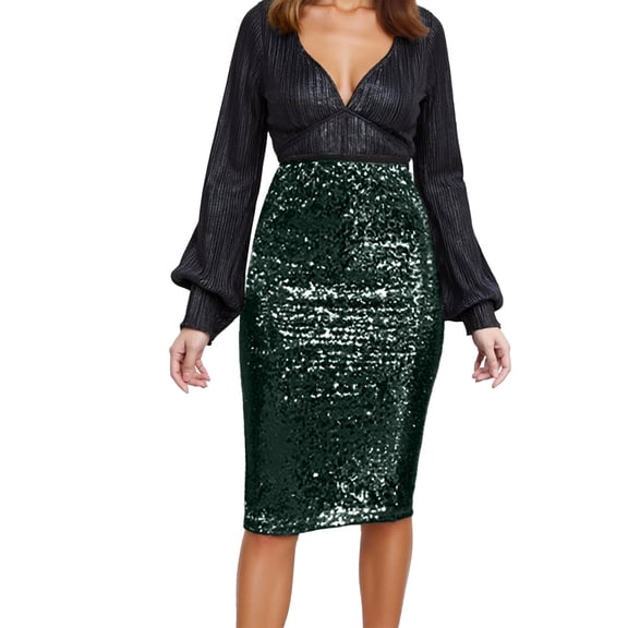 Women's Sequin Skirts Sparkly High Elastic Waist Glitter Elegant Party Bodycon Midi Skirt Holiday Green XXL