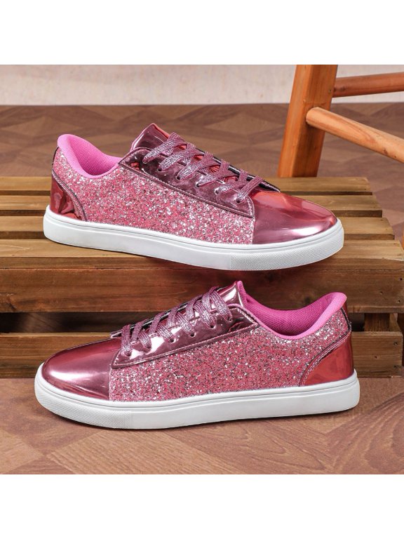 Women's Sequin Sneakers - Sparkly Low Top Lace-Up Fashion Shoes for Concert & Casual Wear