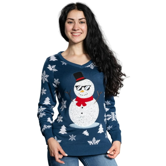 Women’s Sequin Snowman Ugly Christmas Sweater Fun Festive Sweater with Snowflakes and Trees for Holiday Parties