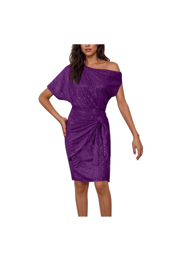 Women's Sequin Sparkly Bodycon Wrap Dress One Shoulder Ruched Side Tie Cocktail Wedding Elegant Glitter Maxi Dresses