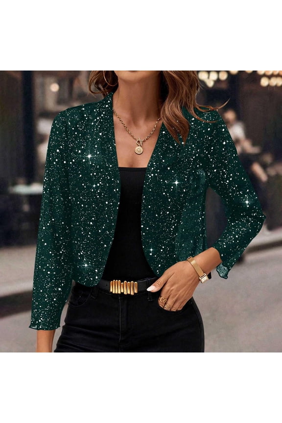 Women's Sequin Sparkly Cropped Cardigan Dressy Casual Shrugs for Evening Dresses Long Sleeve Open Front Shiny Jacket Dark Green 2XL