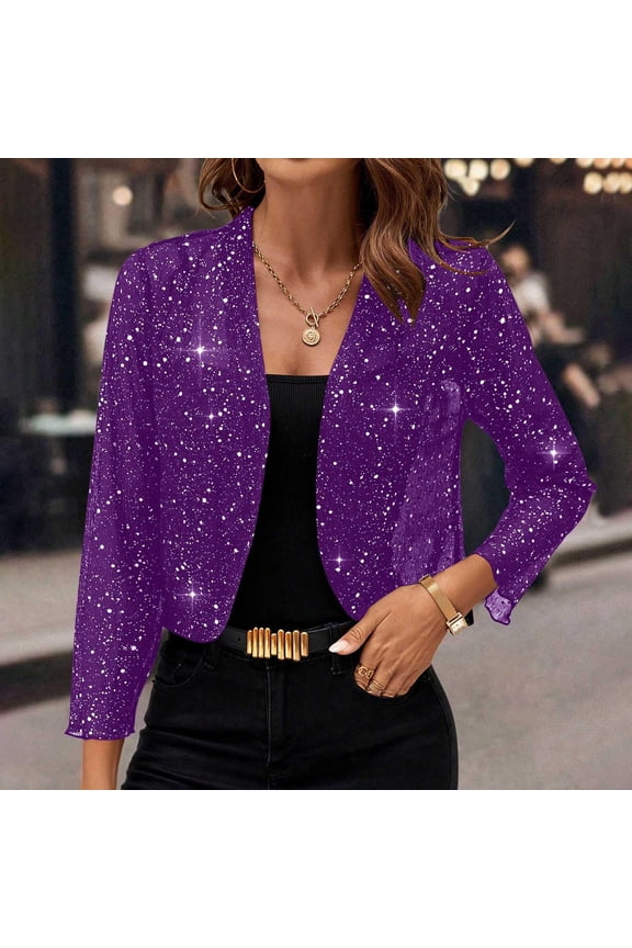 Women's Sequin Sparkly Cropped Cardigan Dressy Casual Shrugs for Evening Dresses Long Sleeve Open Front Shiny Jacket Dark Purple S