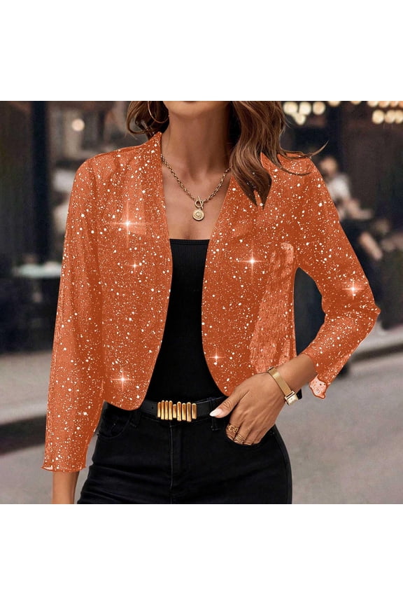Women's Sequin Sparkly Cropped Cardigan Dressy Casual Shrugs for Evening Dresses Long Sleeve Open Front Shiny Jacket Orange L
