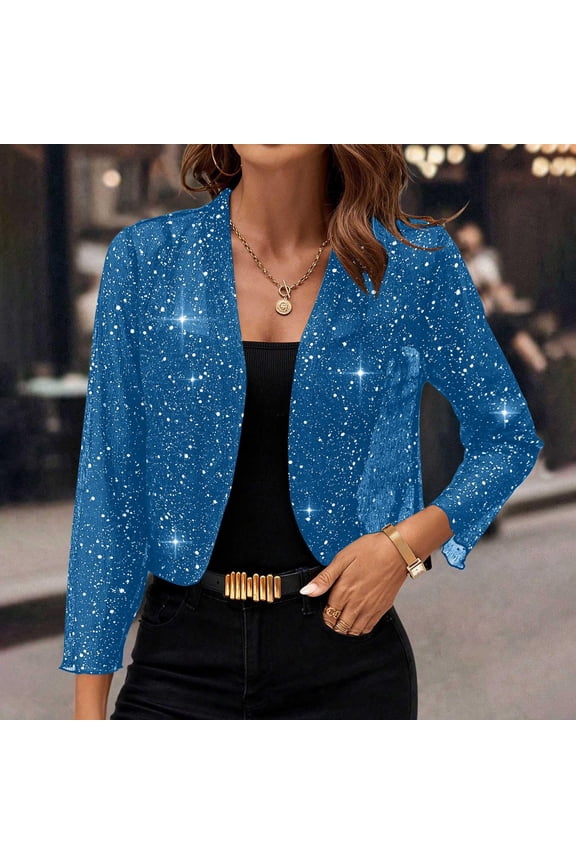 Women's Sequin Sparkly Cropped Cardigan Dressy Casual Shrugs for Evening Dresses Long Sleeve Open Front Shiny Jacket Sky Blue 2XL