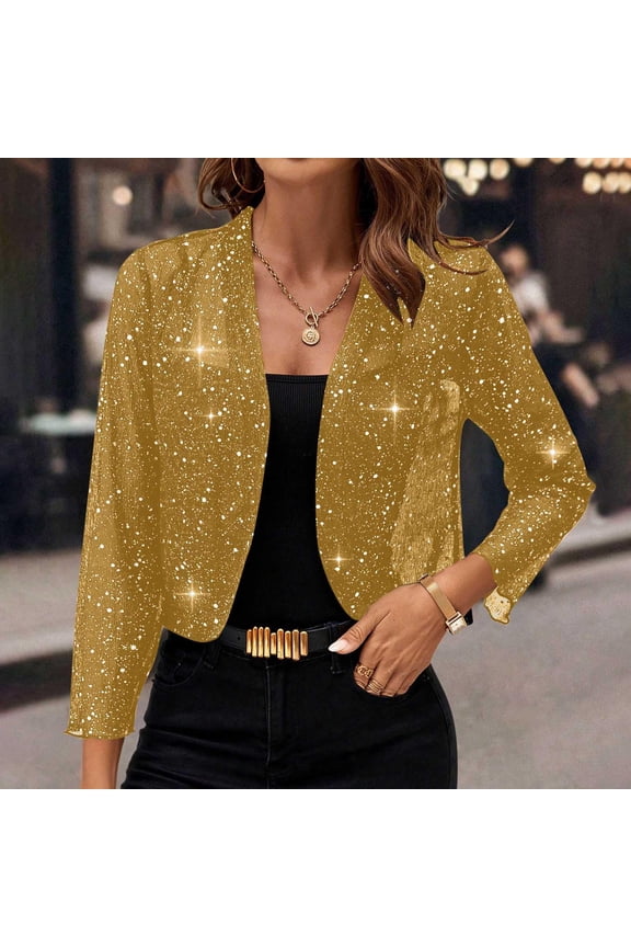 Women's Sequin Sparkly Cropped Cardigan Dressy Casual Shrugs for Evening Dresses Long Sleeve Open Front Shiny Jacket Yellow 2XL