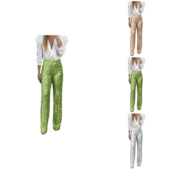 Women's Sequin Sparkly Elastic Waist Slim Fit Flare Pants, Solid Color Party Night Out Clubwear Shiny Straight Trousers