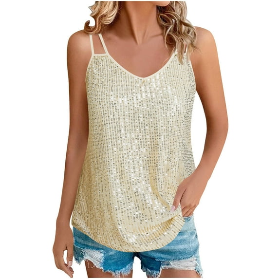 Women's Sequin Sparkly Tank Top Camisoles Summer Sleeveless Shirts Casual Solid Color Cami Blouses for Club Party Performance V-Neck Concert Vests Outfits
