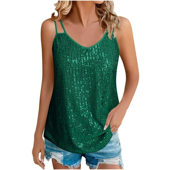 Women's Sequin Sparkly Tank Top Camisoles Summer Sleeveless Shirts Casual Solid Color Cami Blouses for Club Party Performance V-Neck Concert Vests Outfits