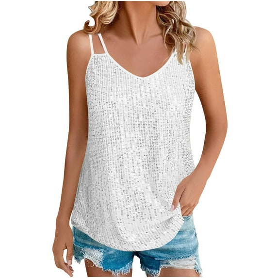 Women's Sequin Sparkly Tank Top Camisoles Summer Sleeveless Shirts Casual Solid Color Cami Blouses for Club Party Performance V-Neck Concert Vests Outfits