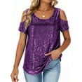 thumbnail image 1 of Women's Sequin Sparkly Tops, Holiday Party Glitter V-Neck Short Sleeve Shirts for Concert Club, 1 of 7