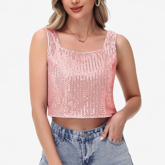 Women's Sequin Square Neck Tank Top with Sleeveless Design and Cropped Fit - Large, Multicolored