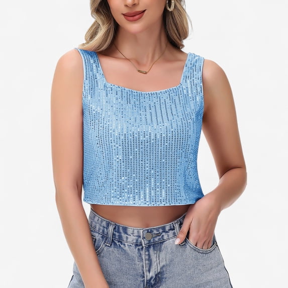 Women's Sequin Square Neck Tank Top with Sleeveless Design and Cropped Fit - Medium, Blue