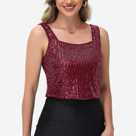Women's Sequin Square Neck Tank Top with Sleeveless Design and Cropped Fit - Medium, Burgundy
