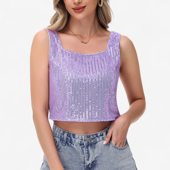 Women's Sequin Square Neck Tank Top with Sleeveless Design and Cropped Fit - XX Large, Purple