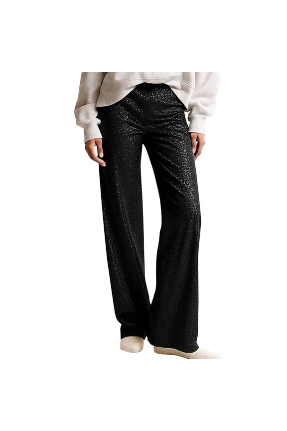 Women's Sequin Straight Leg Pants High-Waisted Sparkly Trousers Fashion Trendy Slacks Glitter Bottoms for Cocktail, Party, Clubwear Bling Jeans Black L