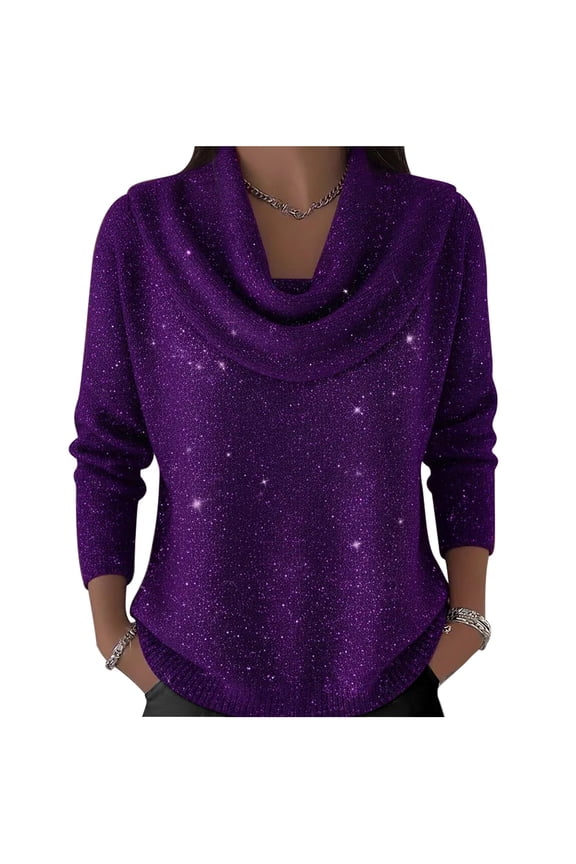 Women's Sequin Sweater, Cowl Neck Long Sleeve Shiny Top, Elegant Loose Fit Blouse, Winter Casual Party Wear, Holiday Sparkly Knit Sweater Dark Purple L