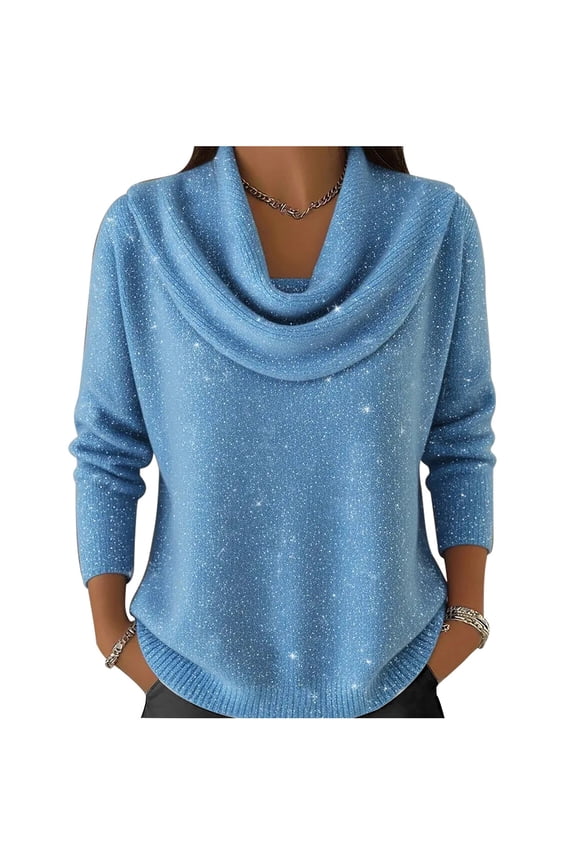Women's Sequin Sweater, Cowl Neck Long Sleeve Shiny Top, Elegant Loose Fit Blouse, Winter Casual Party Wear, Holiday Sparkly Knit Sweater Sky Blue XXL