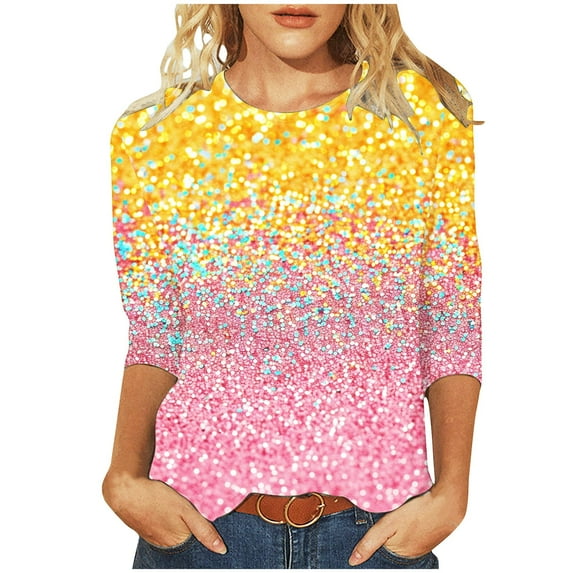 Women's Sequin T-Shirts Tops 3/4 Sleeves Glitter Blouses Round Neck Fashion Party Tunic Tee Shirts