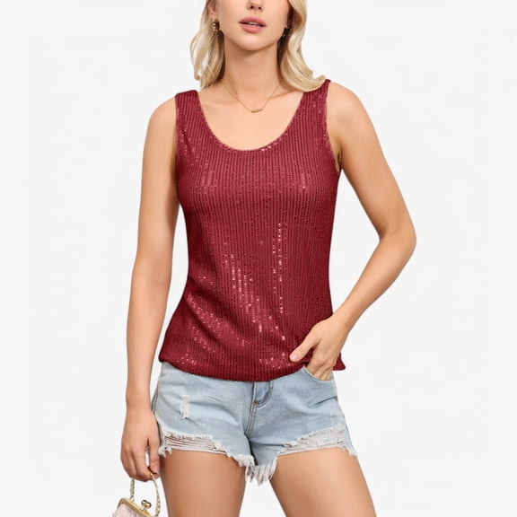 Women's Sequin Tank Top Sleeveless Scoop Neck Sparkly Party Blouse - Large, Wine Red