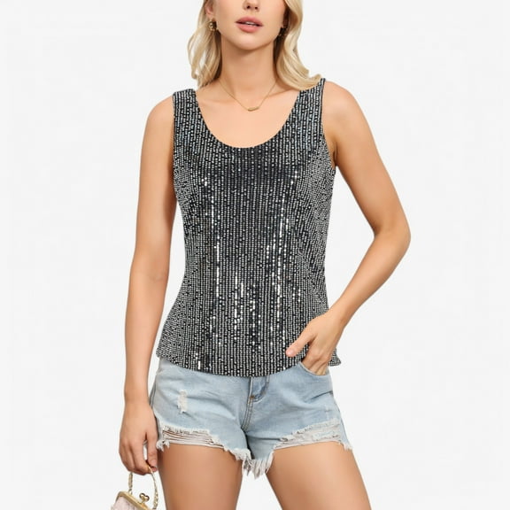 Women's Sequin Tank Top Sleeveless Scoop Neck Sparkly Party Blouse - X Large, Black and Silver